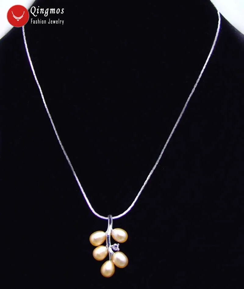 

Qingmos 18*25mm Pink Grape Pendant Necklace for Women with Natural 6-7mm Rice Pearl Necklace 17" Chain Chokers Jewelry nec6236