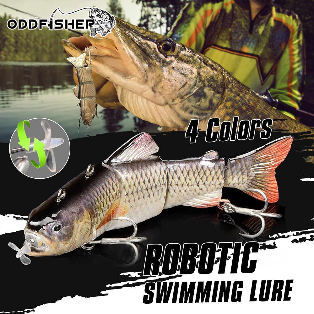 Señuelos de natación para pesca robótizados, señuelos eléctricos automáticos, señuelos oscilantes de 4 segmentos nadadores, luz LED centelleante recargable con USB.