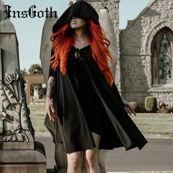 

InsGoth Casual Black Hooded Cloak Gothic Streetwear Witch Cloak Lace Up Long Wrap Cosplay Costume Outerwear Women Poncho