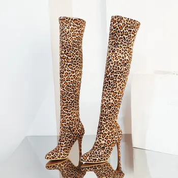 

Fashion Stretch Knee High Boots Women Leopard Faux Suede Autumn High Heel Over the Knee Boots Plush Insole Winter Boots 2019