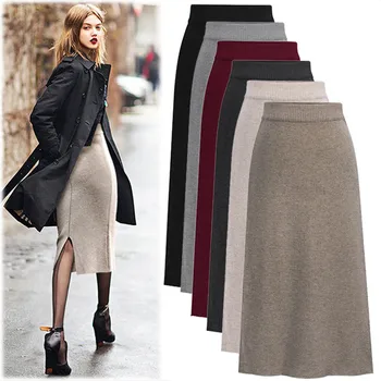 

Skirts Ladys Knitted Woolen Mid-calf Skirt Solid High Waist Sexy Split Skirt Large Size Summer Lady Club Skirts Mujer Summer