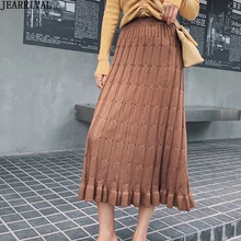Толстая теплая вязаная зимняя юбка Женская высокая талия однотонная Модная тонкая плиссированная юбка миди с оборками Saia Faldas Largas