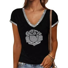

Women Sexy V-Neck Flower Print Tops Short-Sleeved Sequin Rhinestone Patchwork T-Shirt Female Shirts Ladies Blouse 2022