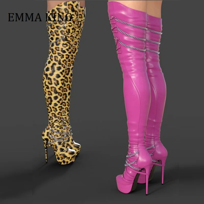 Botas altas hasta el muslo con plataforma para mujer, botines sexys de  tacón alto de 14cm con decoración de cadena, de piel sintética elástica,  por encima de la rodilla|Botas sobre la rodilla| -