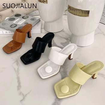

SUOJIALUN 2020 New Women Slipper Fashion Brand Thin High Heel Summer Outdoor Sandal Slip On Flip Flop Elegant Women Slides Shoes