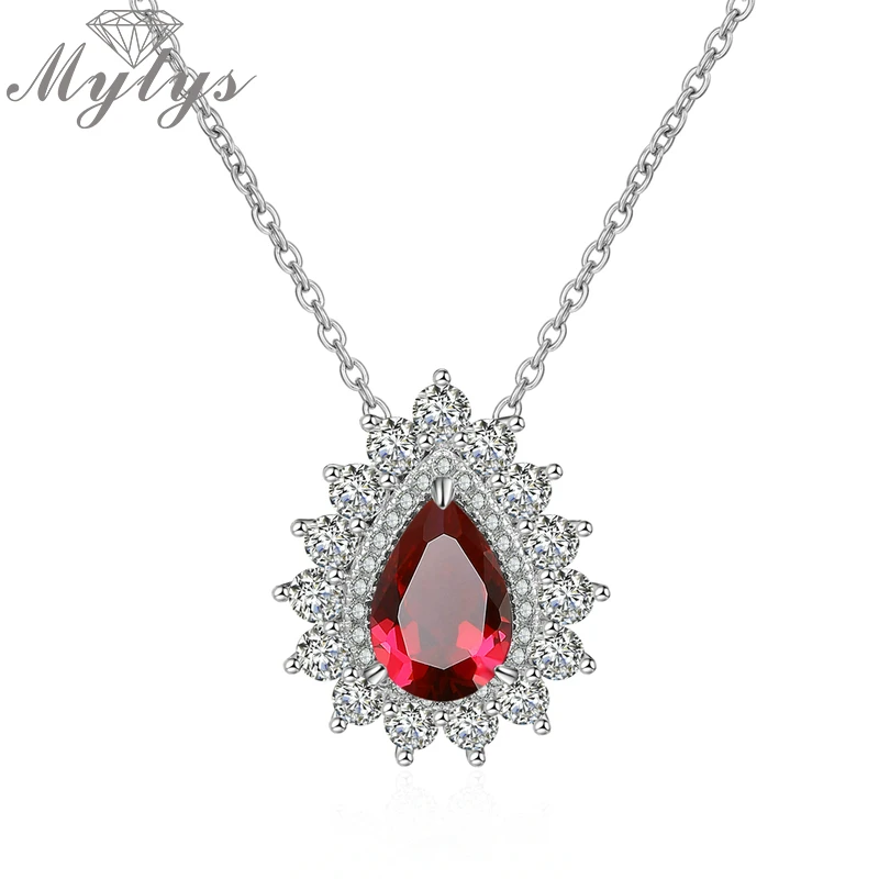 

Mytys Garnet Red Stone Pendant Necklace for Women Water Drop AAA Cubic Zircon Silver Chain Party Jewelry CN535