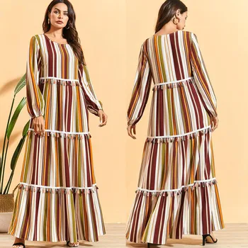 

vestidos largos 2020 Women Rainbow striped Bohemiah Tassel Folds dress Muslim abaya Dress Kaftan Turkey dubai caftan Abaya dress