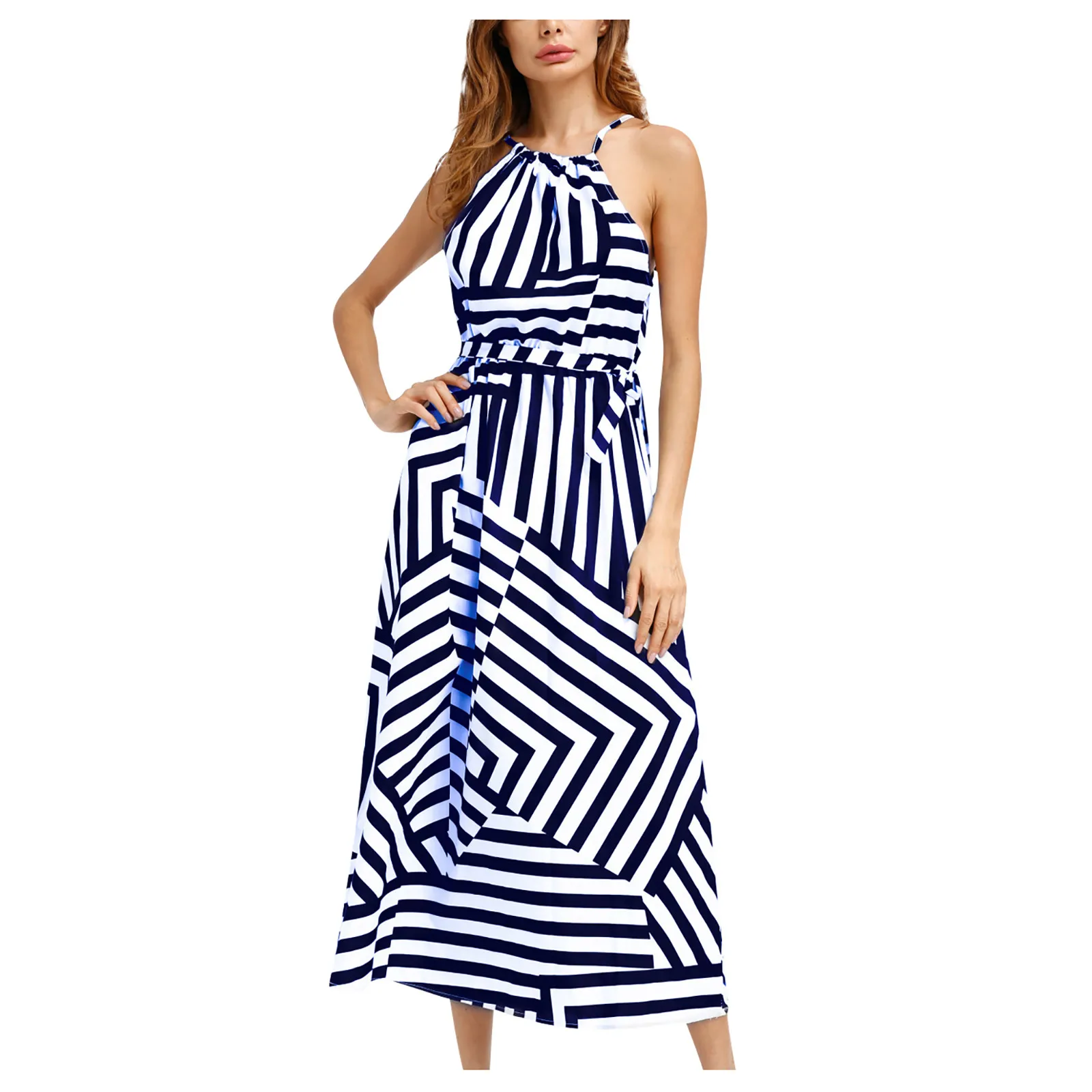 Women's Dress Geometric Print Casual Halter Neck Sexy Sleeveless Loose Frenulum Dress Summer Plus Size Elegant Maxi Vestido 2