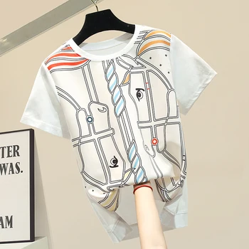 

2020 Spring Summer Thsirt Woman New Casual Personality Cartoon Printing Loose Short Sleeve White T-shirt Students Tees Tops