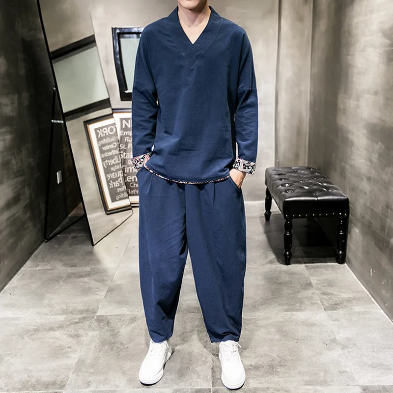 

2019 Autumn New Style Embroidery V-neck Simple Loose And Plus-sized Retro Fashion Casual Long Sleeve Men's Chinese-style Set