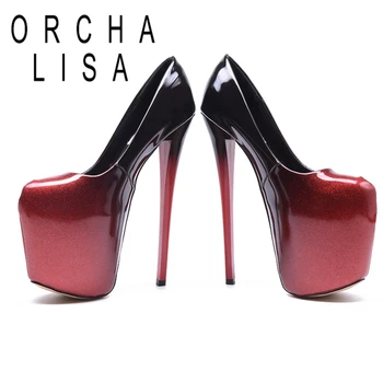 

ORCHA LISA Ladies Sexy Pumps Round Toe 19cm Thin Heels Patent Leather Slip on High Platforms Mixed Wine Color size 34 -50 C1900