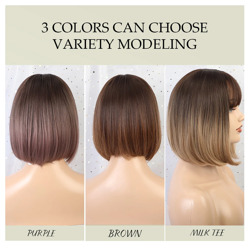 Price BLONDE UNICORN Synthetic Short Bob Wig Ombre Light Purple 14 Inch Straight Hair Cosplay Wig With Bangs Lolita Wigs For Womens