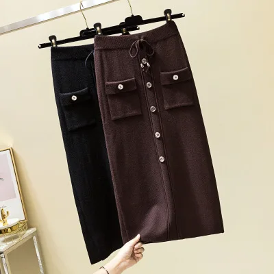 Модная женская зимняя юбка на пуговицах в Корейском стиле, трикотажная юбка jupe femme falda midi трикотажные юбки, Женская Теплая юбка-пачка черного цвета