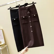 Модная женская зимняя юбка на пуговицах в Корейском стиле, трикотажная юбка jupe femme falda midi трикотажные юбки, Женская Теплая юбка-пачка черного цвета