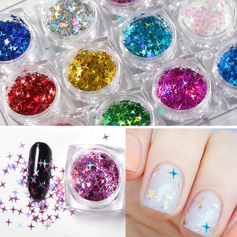 

12jar/set Shinny Glittes Charm Holo Four Angle Star Nail Glitter Mixes Nail Sequins Holographic Glitter DIY Nail Art Decorations
