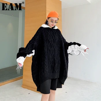 

[EAM] Black Pleated Big Size Knitting Sweater Loose Fit Hooded Long Sleeve Women Pullovers New Fashion Autumn Winter 2020 1DB870