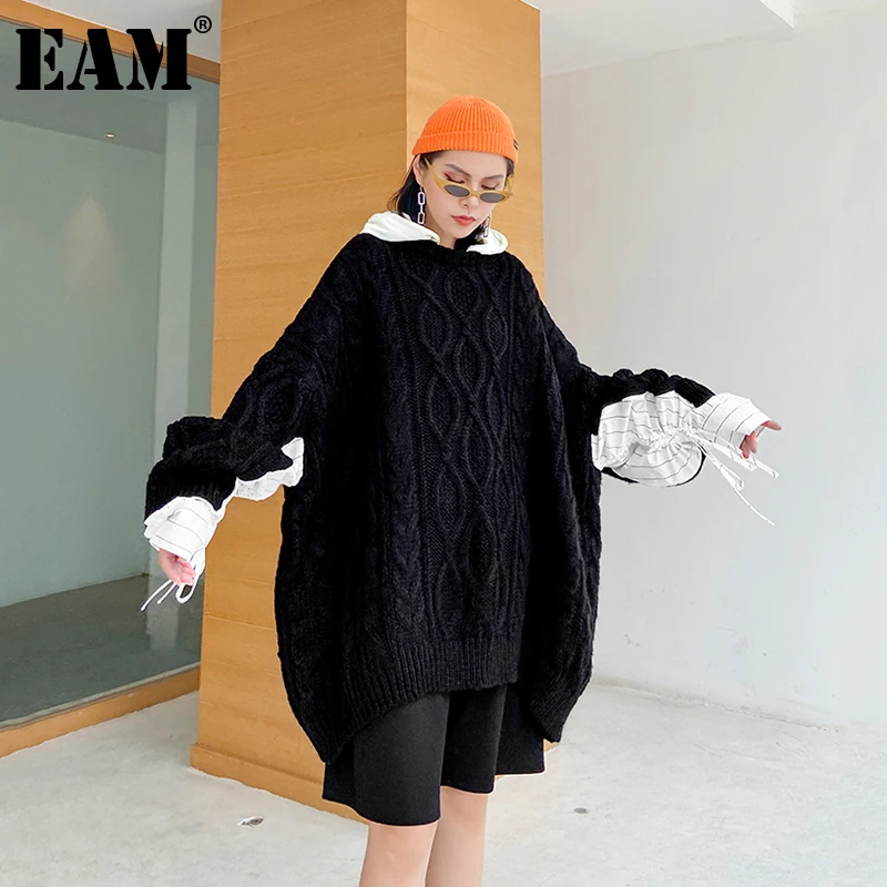 [EAM] Black Pleated Big Size Knitting Sweater