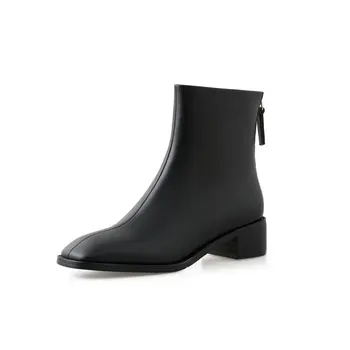 

Genuine leather Concise Back Zipper Shoes For Women Concise Female Wedding Casual Shoes Woman Thick med Heels Ankle Boots