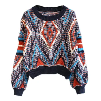 

Women Sweater 2020 Autumn Winter Fashion Contrast Color Lantern Sleeve Knit Pullovers Thickened O-neck Short Tops Femme Clothing