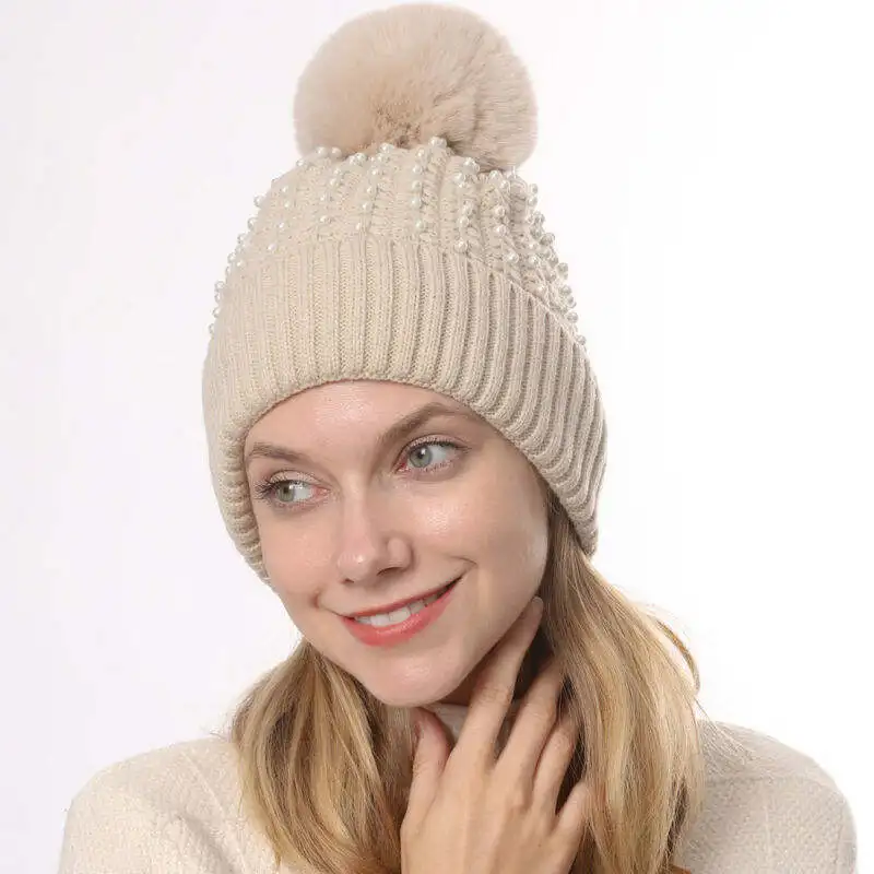 Женская зимняя уличная теплая вязаная шапка Повседневная однотонная шапочка помпон с искуственным мехом бальные шапки с бусинами для женщин - Цвет: A5