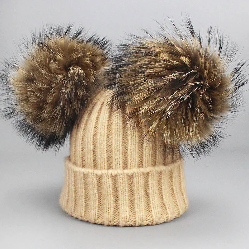 Зимний комплект из шапки и шарфа с помпоном из натурального меха для родителей и ребенка, вязаные шерстяные шапки-бини для женщин и детей, шапки с двумя меховыми помпонами - Цвет: K
