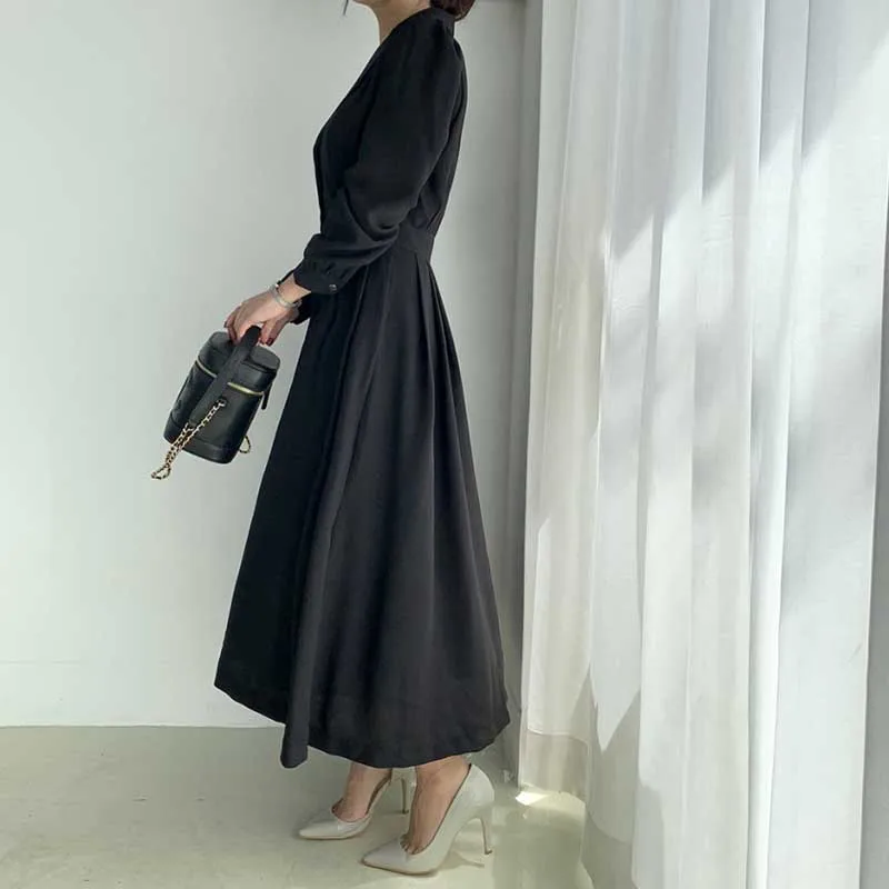 Korean One-Piece Dress Women French Vintage Lapel Puff Sleeves Slim Waist Single Breasted Dresses Spring Autumn Lady Dress 2020