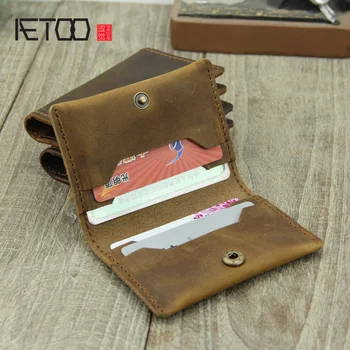 

AETOO Handmade Cowleather do-card bit small card bag, crazy horse leather vintage wallet, press-buttoned document bag