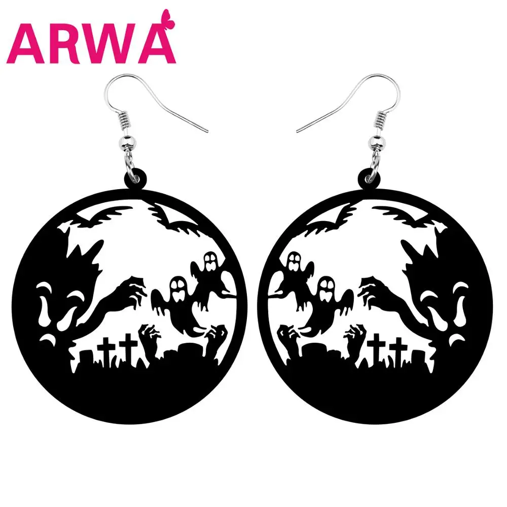 

ARWA Acrylic Halloween Big Round Circle Hollow Ghost Devil Demon Hand Bat Cross Grave Earrings Drop Dangle Girls Teen Party Gift