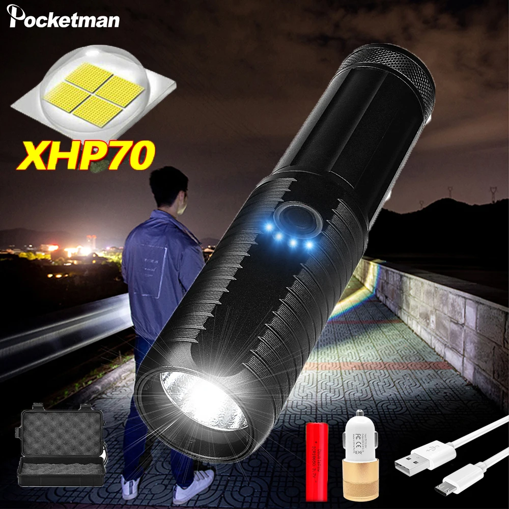 Самый яркий 4 ядерный светодиодный фонарик XHP70 с зарядкой от usb тактические