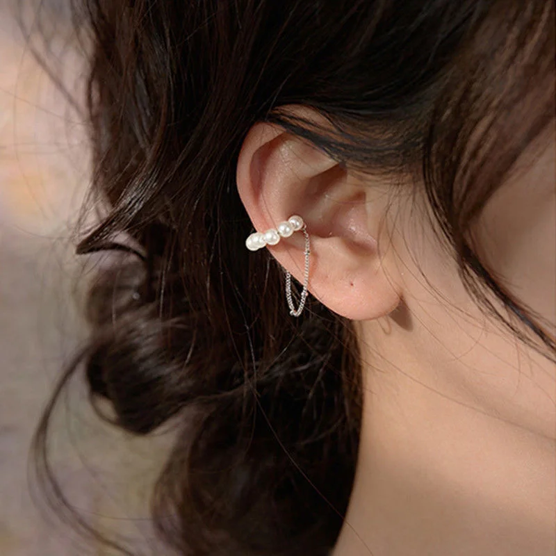 Trendy Butterfly Earrings Ear Cuff Silver Color Pearl Chain Ear Clips Ear Studs For Women Girls Fake Cartilage Clip Gift Jewelry