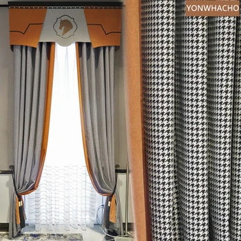 

Custom curtains luxury American living room simple modern white black chenille cloth blackout curtain valance tulle panel C1120