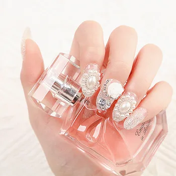 

24pcs/box pre design with Flower Decor Printing Accessories Temperament Nail tips Faux Pearl Rhinestone Pink French Manicure