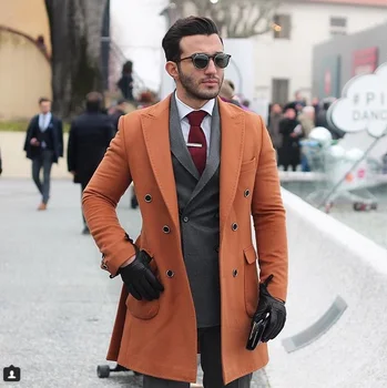 

New winter Double-breasted design men's fashion Orange woolen coat classic peak lapel men' blazer costume (only one jacket)