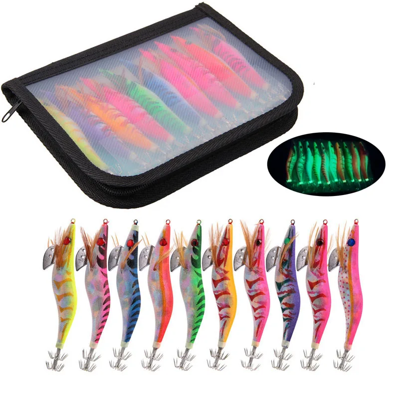 10Pcs 12g-20g Squid bait Wooden Shrimp Lead jig hook Fishing Octopus Lures Cuttlefish Artificial luminous jigging lure with bag 2pcs new style luminous pink sleeve fish octopus squid jig hook with fish eyes deep sea fishing lure for cuttlefish