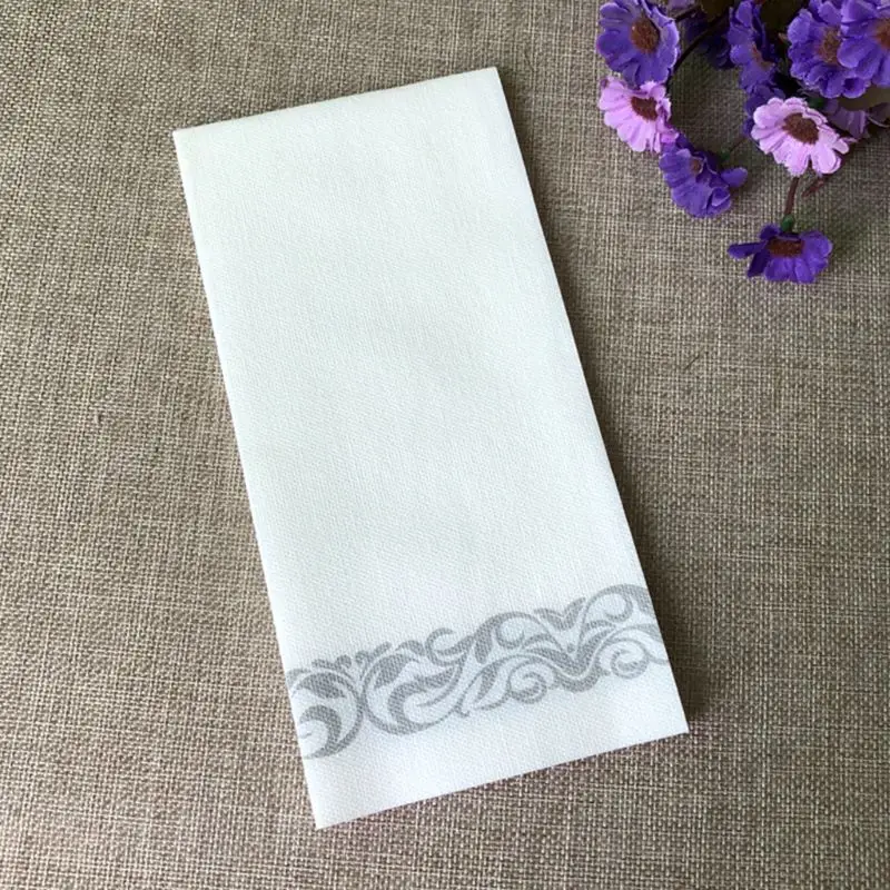 Disposable Linen-Feel Guest Towels-Decorative White Hand Towels, Silver Floral Cloth-Like Paper Napkins