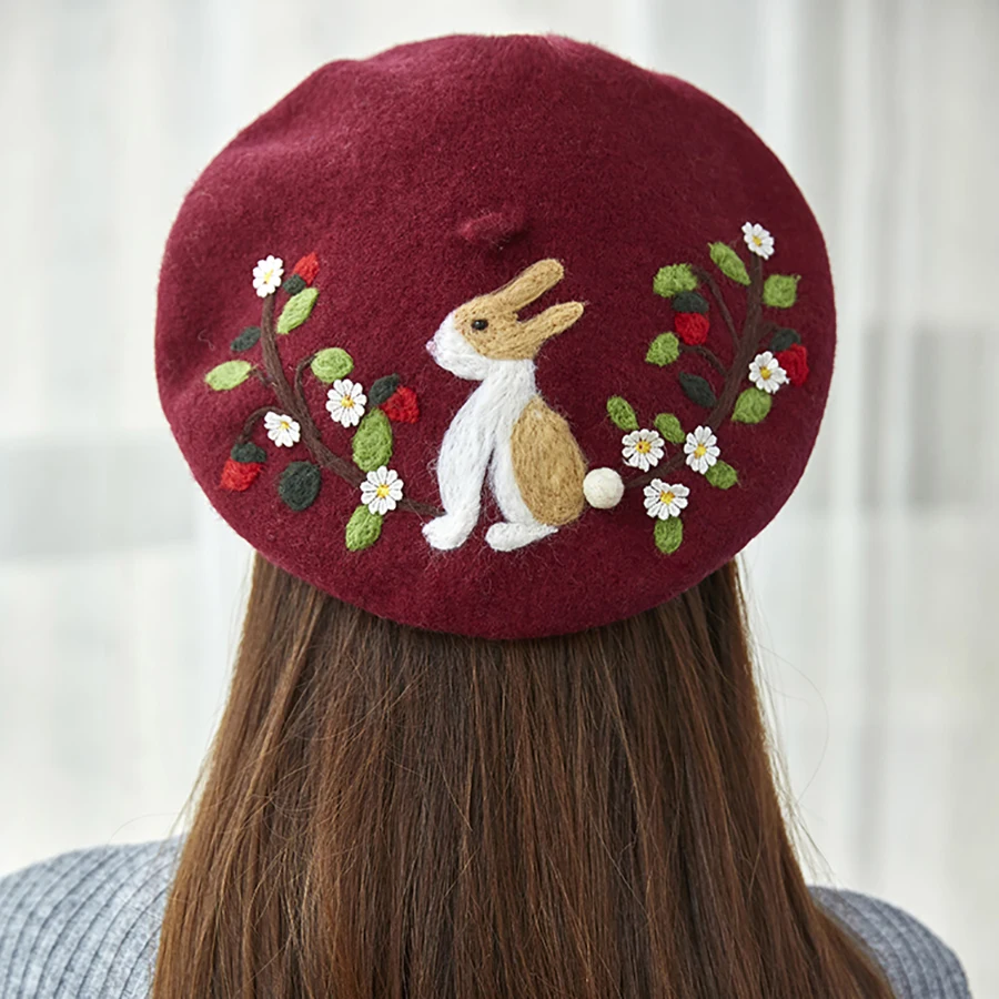 

Cute Rabbit Embroidered Wool Beret Women Winter Warm Ladies Cap Handmade Retro Blue Berets Hats Christmas Creative Birthday Gift