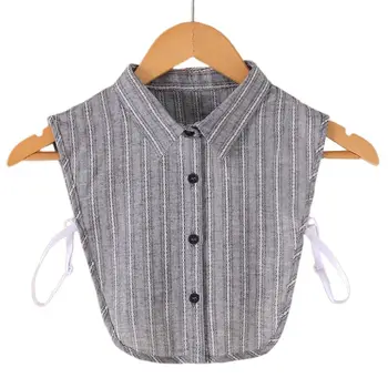 

Gray Cotton Fake Collar Women Vertical Stripe Lace Pattern Detachable Half Shirt