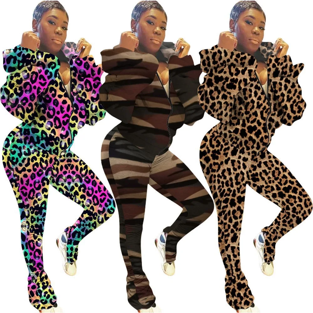 

Winter Fall New Womens Leopards Print Two Piece Set Sexy Tracksuits Puff Sleeves Hoodies And Stacked Sweatpants Suits Set