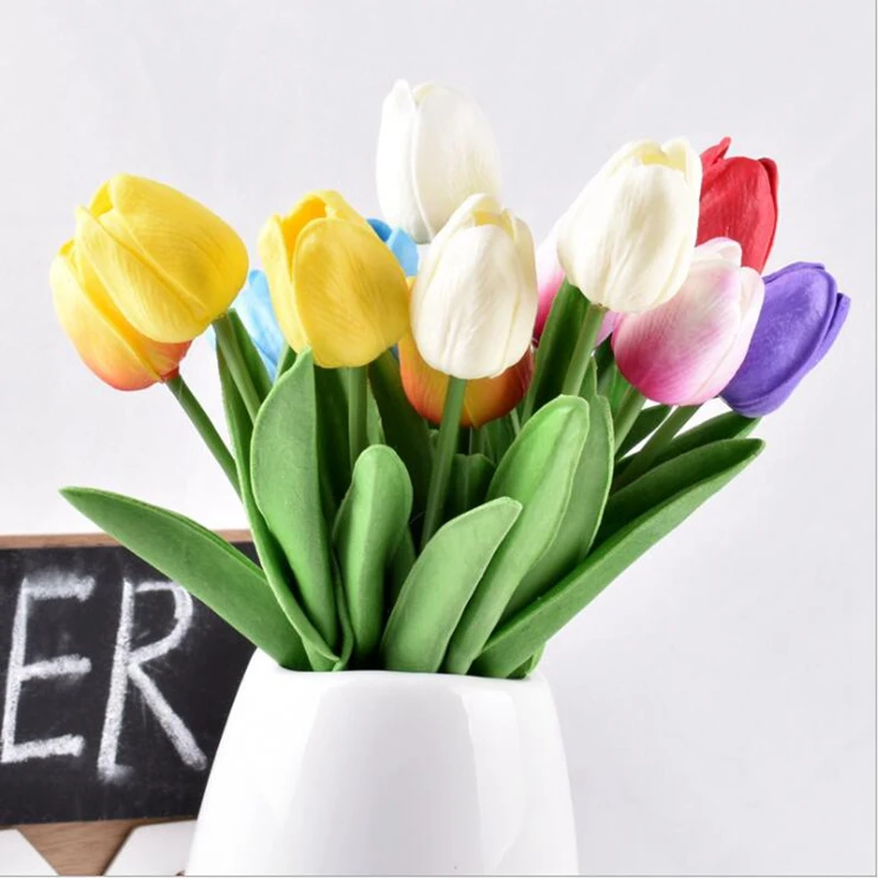 10pcs PU Mini Artificial Tulip Garden Artificial Bouquet Home Party Wedding  Decorations Bridal Bouquet Real Touch Fake Flower