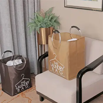 

Imitation Linen Folding Storage Basket Laundry Bag Dirty Clothes Hamper Debris Sundries Toys Organizer with Aluminum Handle 1PC