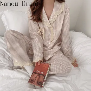 

Cotton Sweet Autumn Retro Plaid Fungus Splicing Suit Collar Pajamas 2020 Women Fashion Casual Loose Home Suit