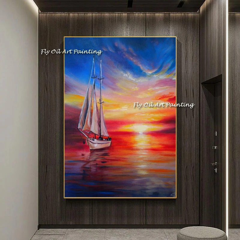 

Лучшая художественная ручная роспись высокого качества, современная абстрактная картина маслом с видом на море, корабль, Декоративный Солнечный свет