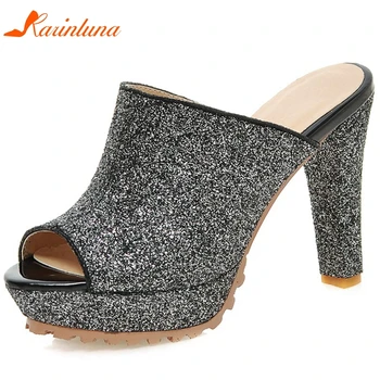 

Karinluna New Design 2020 Peep Toe Sequined Cloth Pumps Mules Shoes Woman Slip On High Heels Platform Bling Pumps Women Shoes