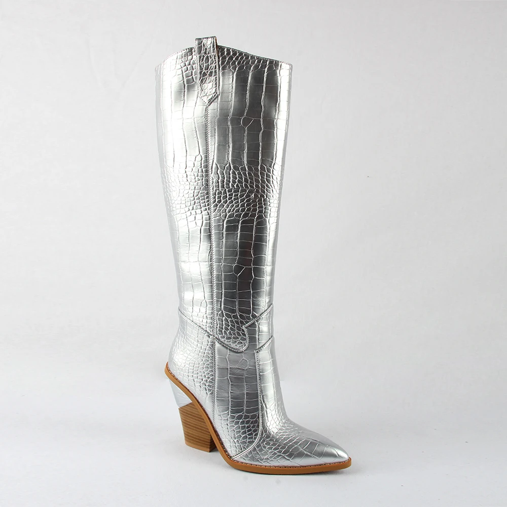 Сапоги в байкерском стиле на танкетке с острым носком в ковбойском стиле; сапоги до колена; ковбойские сапоги в западном стиле для женщин; высокие зимние сапоги; обувь на высоком каблуке