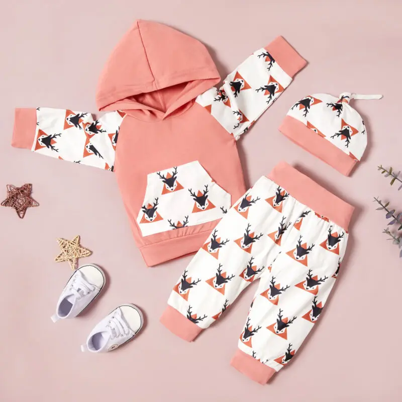 

Infant Baby Girl Xmas Clothes Kids Long Sleeve Hooded Deer Tops Pullover Pants with Hat Winter Outfit Set