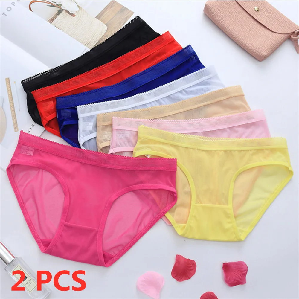 

2 Pcs Size M L XL Sexy Transparent Solid Mesh Lace Women Panties Elastic Breathable Briefs Low-Rise Female Underpants