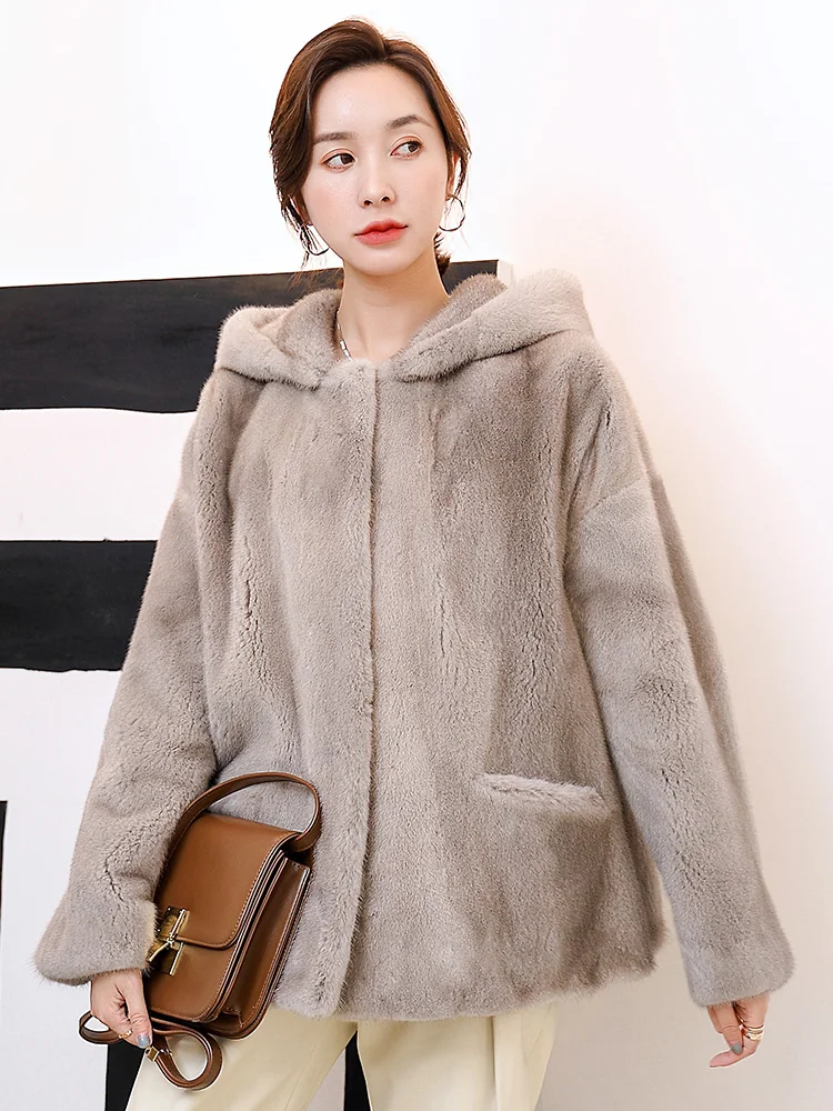 new female mink hooded fashion velvet mink coat 1009