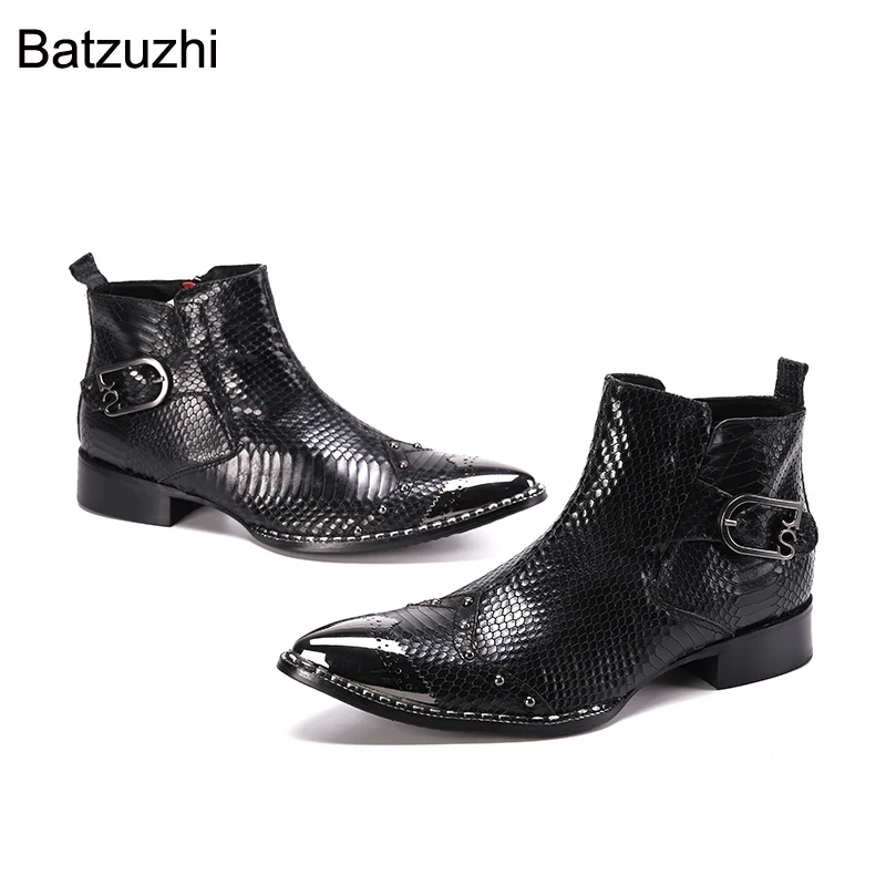 Batzuzhi Luxury Handmade Boots Men Black Genuine Leather Boots Men Ankle Pointed Metal Head Zip Business Fashion Party Botas