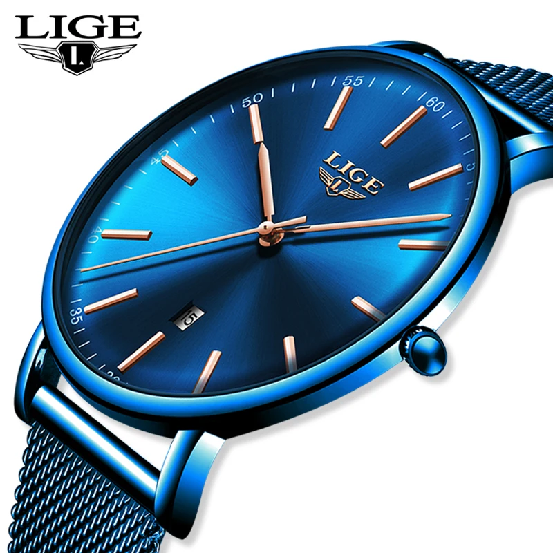 

LIGE Mens Watches Top Brand Luxury Ultra Thin Clock Blue Mesh Belt Fashon Casual Quartz Watch Men Sport Waterproof Wrist Watch