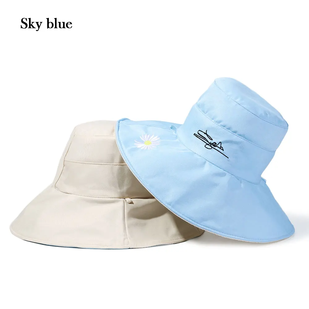 Big Brim Sun Hat Daisies Double-Sided Bucket Hat Cotton Foldable Fisherman Cap With Wind Rope Women Men Outdoor Sunscreen Hat cheap bucket hats Bucket Hats